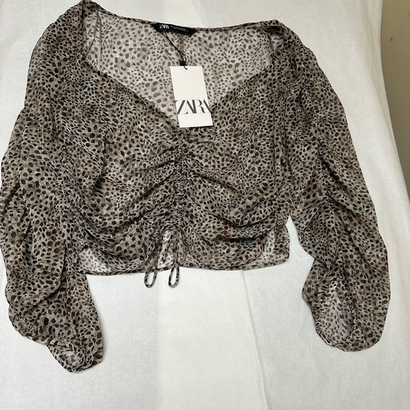 NWT ; Zara printed Ruched Sheer Long Sleeve🔲 - Picture 6 of 8